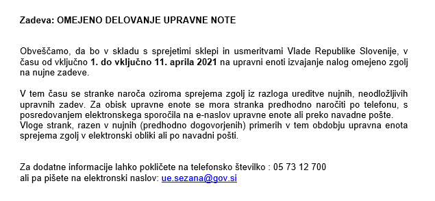 Spremenjeno delovanje UE Sežana